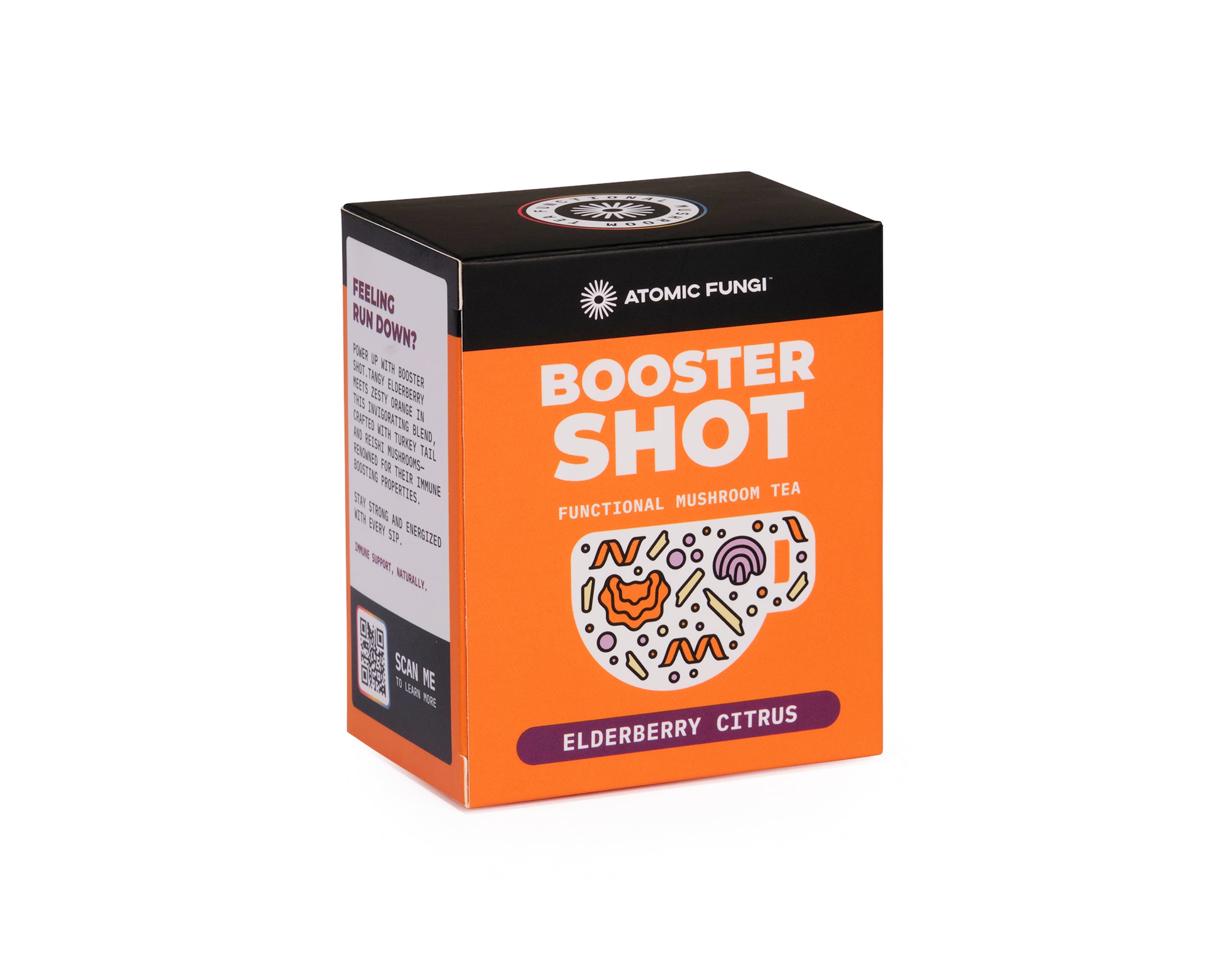 The box packaging for Atomic Fungi Functional Booster Shot Mushroom Tea.