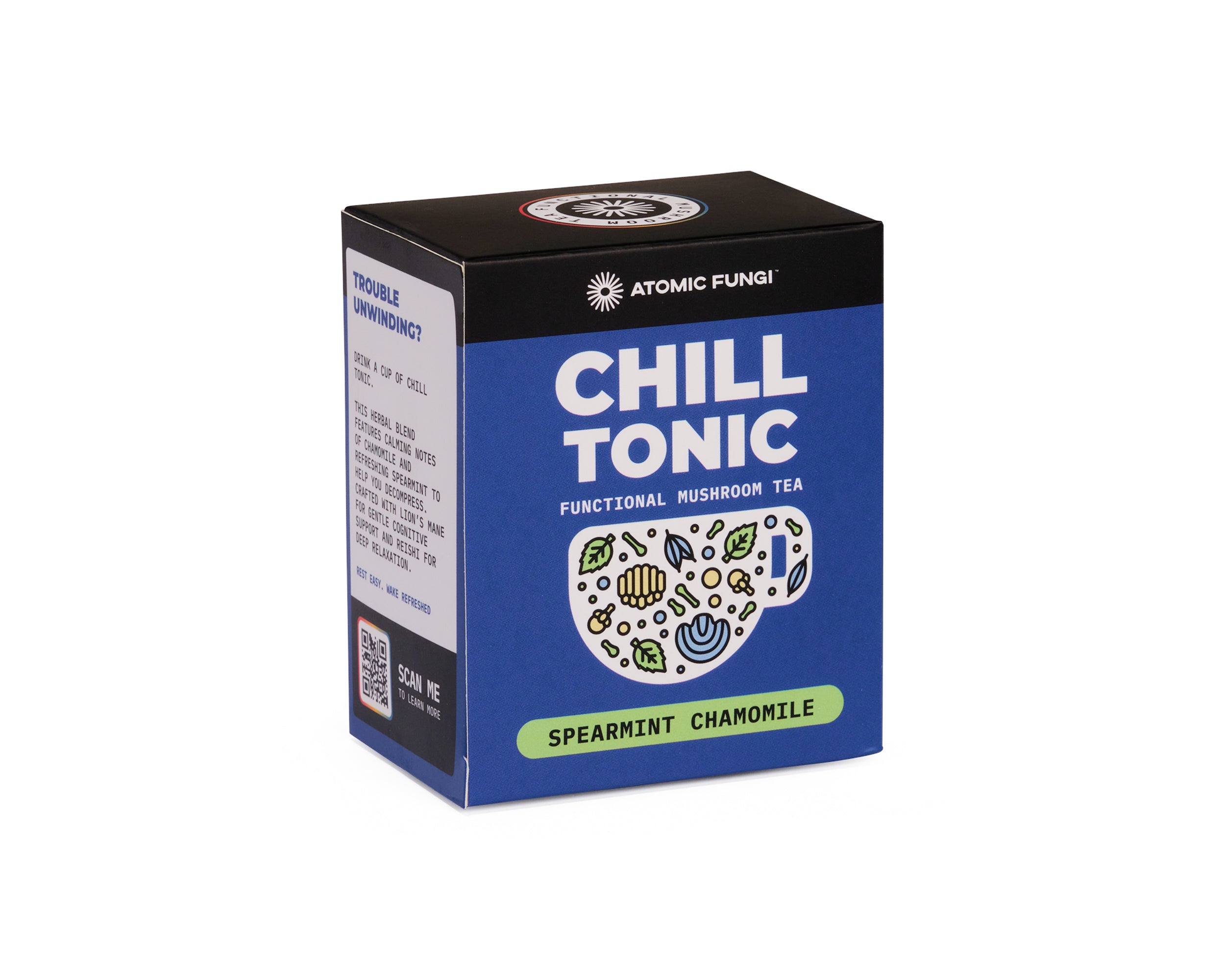 The box packaging for Atomic Fungi Functional Chill Tonic Mushroom Tea.