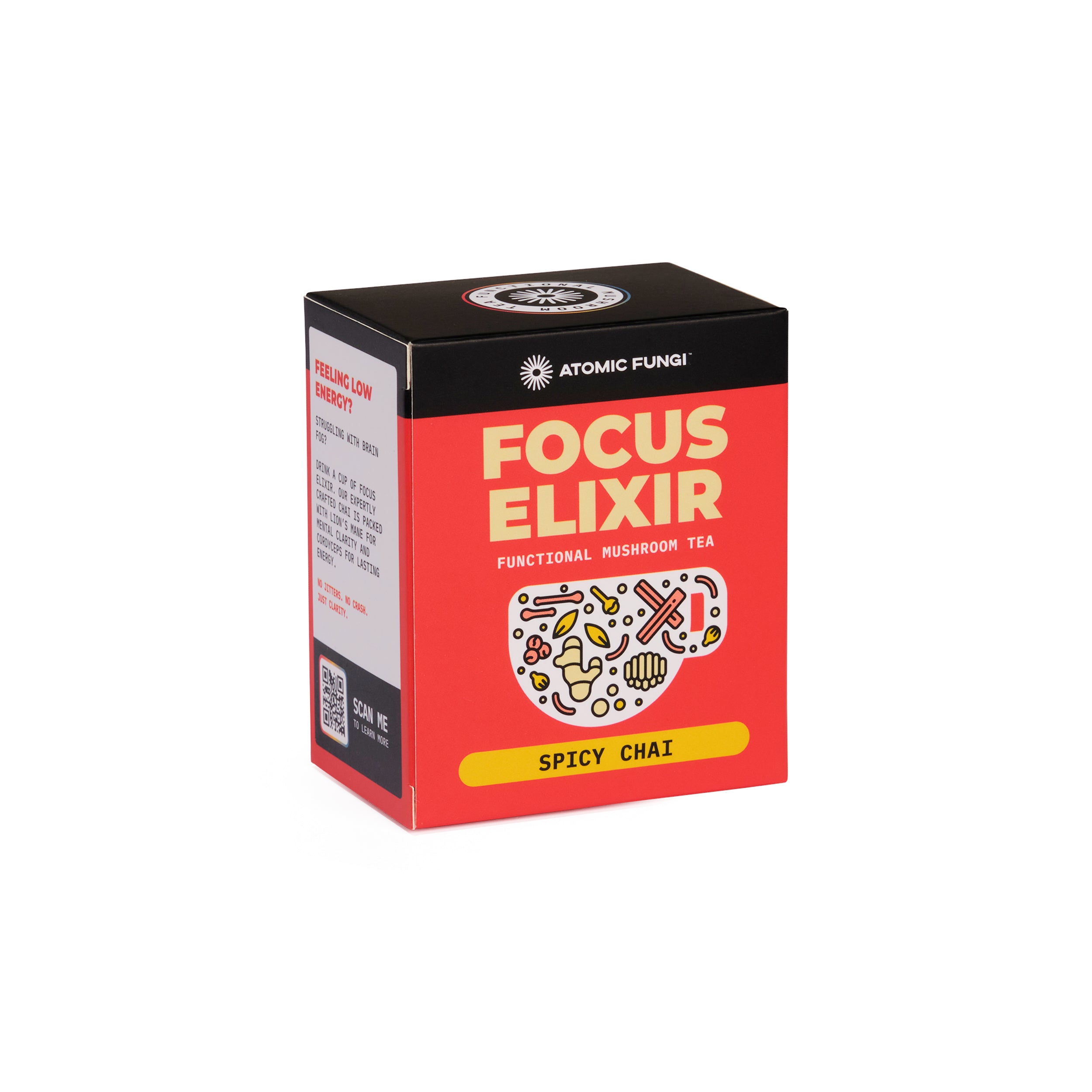 The box packaging for Atomic Fungi Functional Focus Elixir Mushroom Tea.