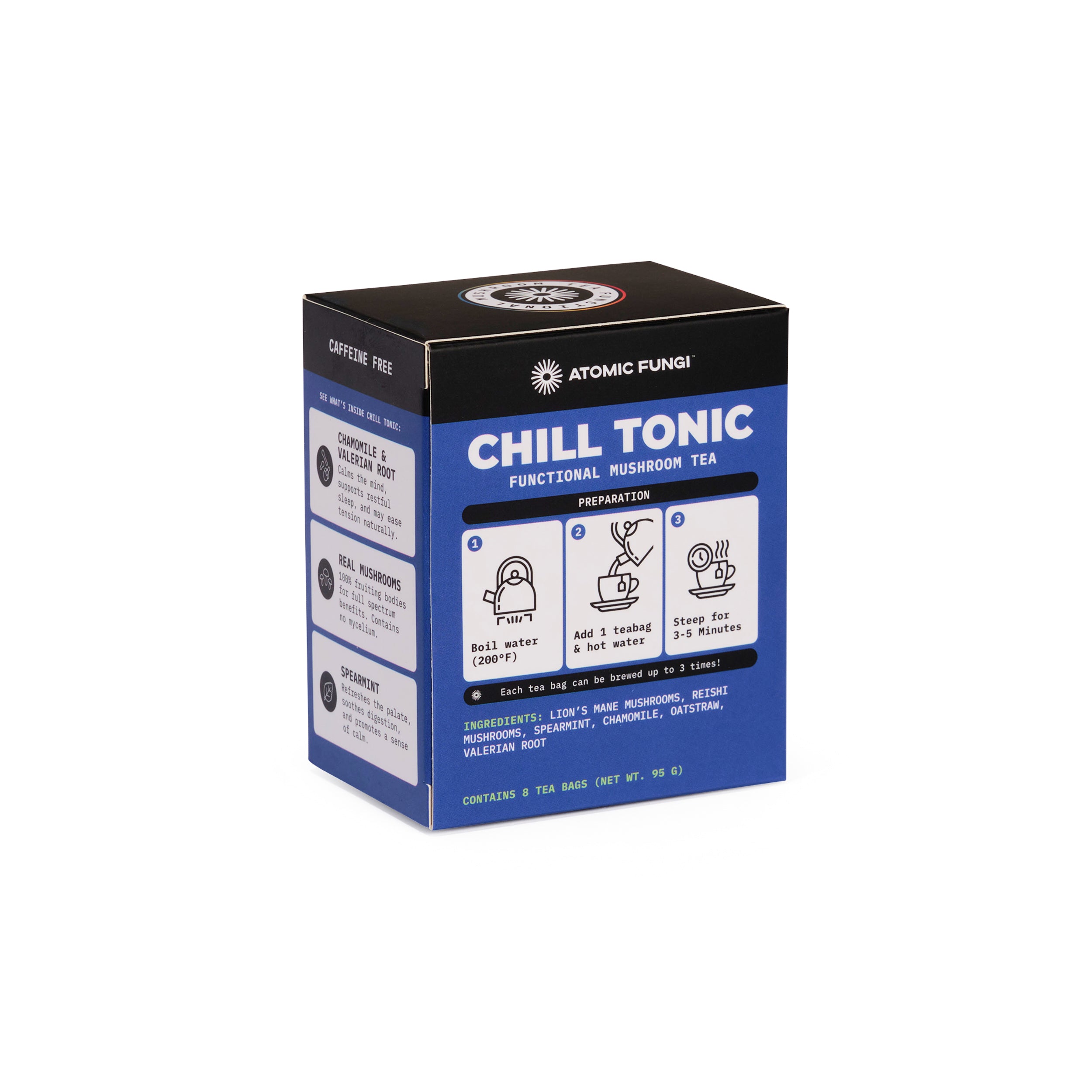 Chill Tonic Functional Mushroom Tea - Spearmint Chamomile Relaxation Blend with Reishi & Calming Herbs - Caffeine-Free Evening Wellness Tea